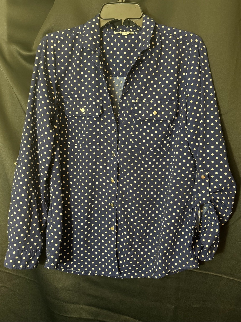 Notations Navy and White Polka Dot Button-Down Blouse